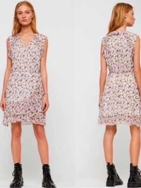 All Saints Priya Freefall Pink Floral Wrap Ruffle Midi Dress